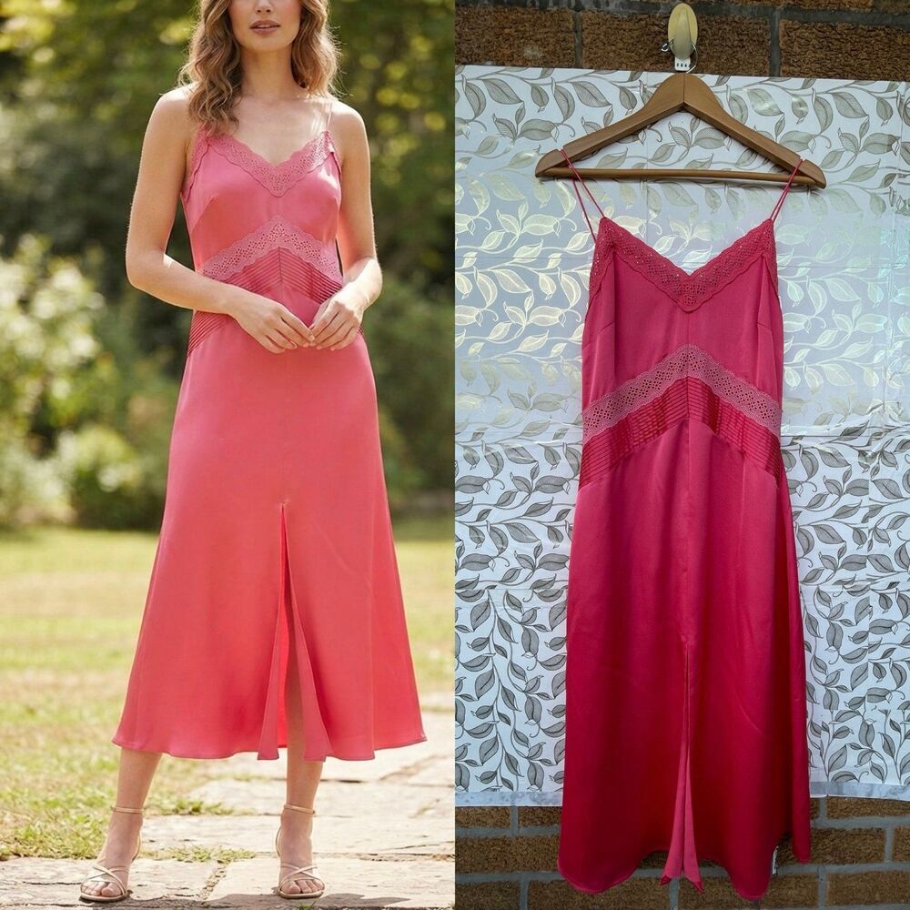 The Westside Pink Satin Slip Dress Size Medium Lace Trim Midi Romcom Core